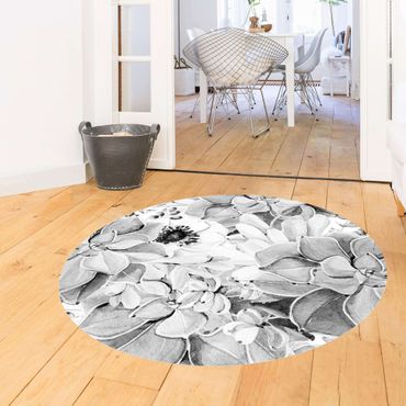 Runder Vinyl-Teppich - Aquarell Sukkulente mit Blüte in Schwarz Weiß