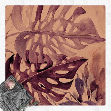 Kork-Teppich - Aquarell Tropische Blätter mit Monstera in Aubergine - Quadrat 1:1