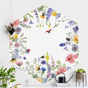 Hexagon Mustertapete selbstklebend - Aquarellierte Blumen mit Marienkäfern