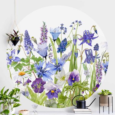 Runde Tapete selbstklebend - Aquarellierte Blumenwiese in Blau