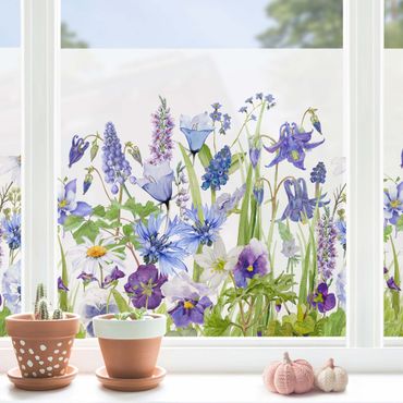 Fensterfolie - Sichtschutz - Aquarellierte Blumenwiese in Blau - Fensterbilder