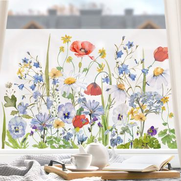 Fensterfolie - Sichtschutz - Aquarellierte Blumenwiese mit Mohn - Fensterbilder