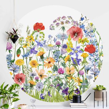 Runde Tapete selbstklebend - Aquarellierte Blumenwiese