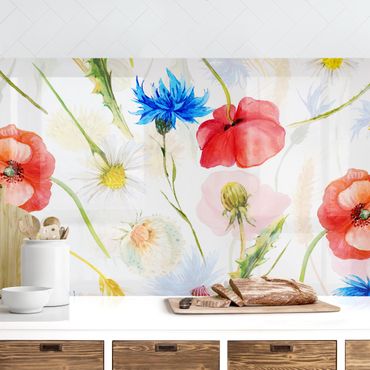 Küchenrückwand - Aquarellierte Feldblumen mit Mohn