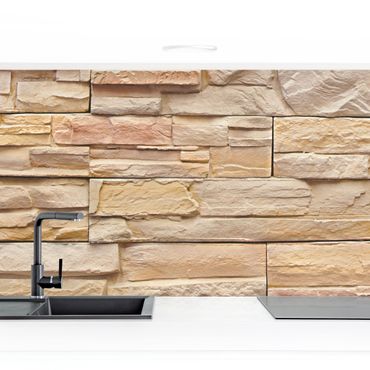 Küchenrückwand - Asian Stonewall - Große helle Steinmauer aus wohnlichen Steinen