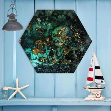 Hexagon Bild Alu-Dibond - Goldene Meeres-Inseln Abstrakt
