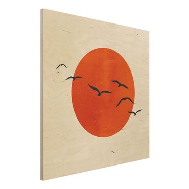 Holzbild - Vogelschwarm vor roter Sonne I - Quadrat 1:1