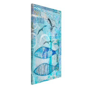 Magnettafel - Bunte Collage - Blaue Fische - Memoboard Hochformat 4:3