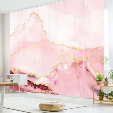 Schiebegardinen Set - Abstrakte Berge Rosa mit Goldene Linien - 6 Flächenvorhänge
