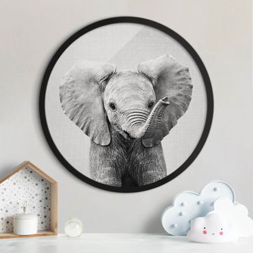Rundes Gerahmtes Bild - Baby Elefant Elsa Schwarz Weiß