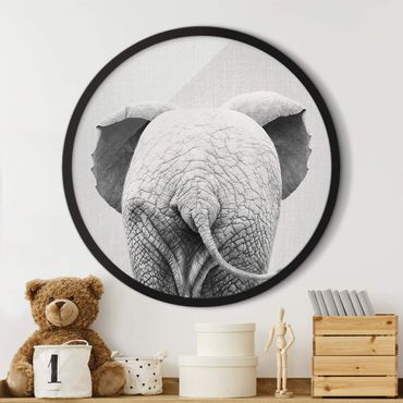 Rundes Gerahmtes Bild - Baby Elefant von hinten Schwarz Weiß