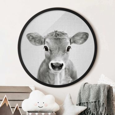 Rundes Gerahmtes Bild - Baby Kuh Kira Schwarz Weiß