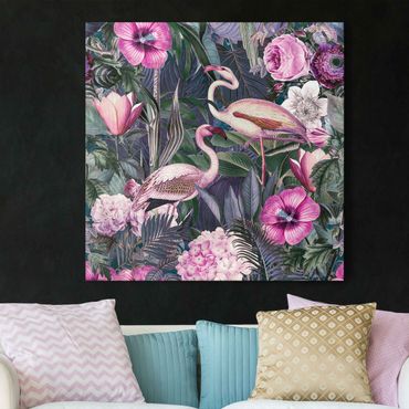 Leinwandbild - Bunte Collage - Pinke Flamingos im Dschungel - Quadrat 1:1