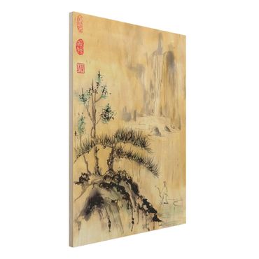 Holzbild - Japanische Aquarell Zeichnung Zedern und Berge - Hochformat 4:3