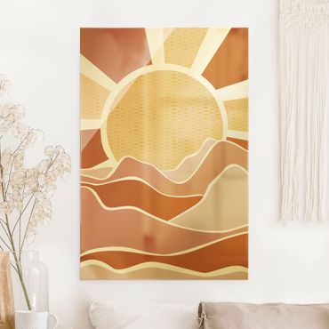 Glasbild - Berglandschaft mit goldenem Sonnenaufgang - Hochformat 2:3
