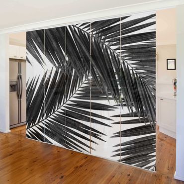 Schiebegardinen Set - Blick durch Palmenblätter schwarz weiß - Flächenvorhang