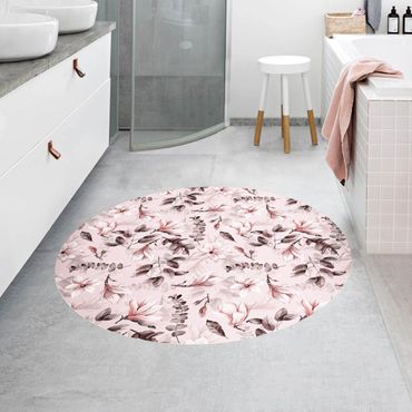Runder Vinyl-Teppich - Blüten mit Grauen Blättern vor Rosa
