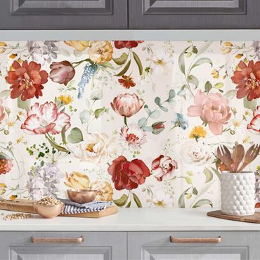 Küchenrückwand - Blumen Aquarell Vintage Muster auf Beige