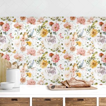 Küchenrückwand - Blumen und Vögel Aquarell Muster