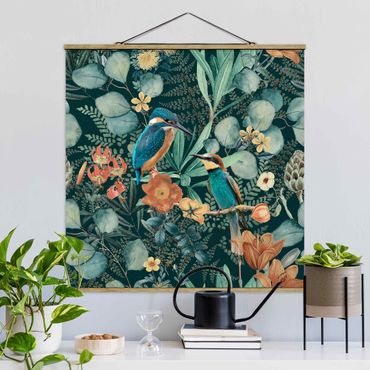 Stoffbild mit Posterleisten - Blumenparadies Eisvogel und Kolibri - Quadrat 1:1