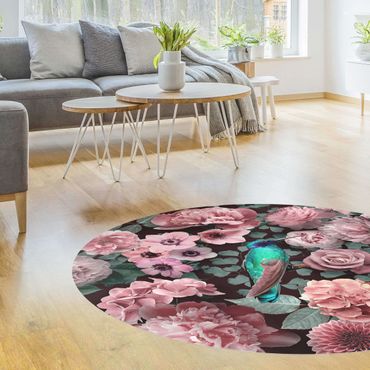 Runder Vinyl-Teppich - Blumenparadies Kolibri mit Rosen