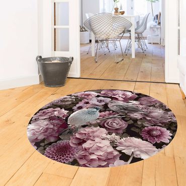 Runder Vinyl-Teppich - Blumenparadies Spatzen in Altrosa