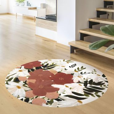 Runder Vinyl-Teppich - Blumenvielfalt in Rosa und Weiß II