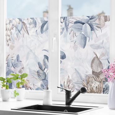 Fensterfolie - Sichtschutz - Botanik in Pastell Blau & Beige - Fensterbilder