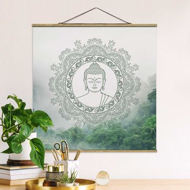 Stoffbild mit Posterleisten - Buddha Mandala im Nebel - Quadrat 1:1