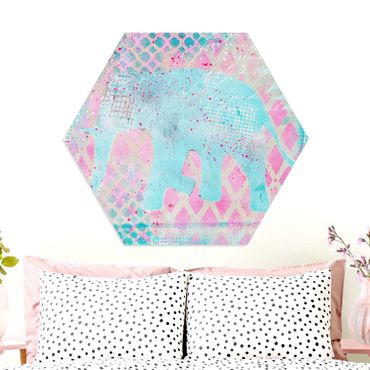 Hexagon-Forexbild - Bunte Collage - Elefant in Blau und Rosa