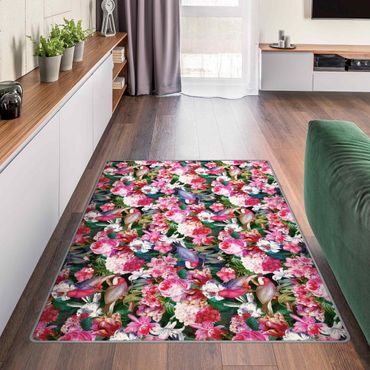 Teppich - Bunte Tropische Blumen mit Vögeln Pink