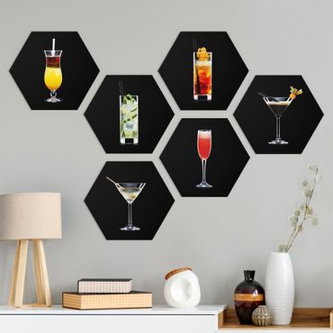 Hexagon Bild Forex 6-teilig - Cocktail Set auf Schwarz Set II