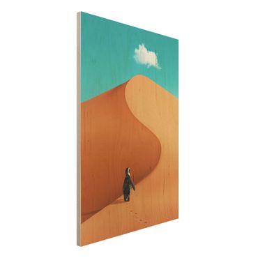 Holzbild - Jonas Loose - Wüste mit Pinguin - Hochformat 3:2