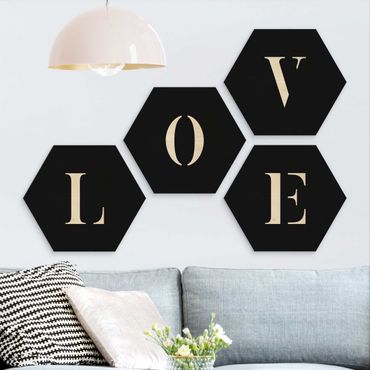 Hexagon Bild Holz 4-teilig - Buchstaben LOVE Weiß Set II