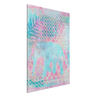 Aluminium Print gebürstet - Bunte Collage - Elefant in Blau und Rosa - Hochformat 4:3