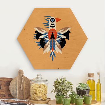 Hexagon-Holzbild - Collage Ethno Monster - Federn