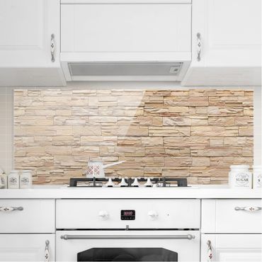 Küchenrückwand Spritzschutz aus Glas rötliche Steinwand Steinmauer Hauswand 