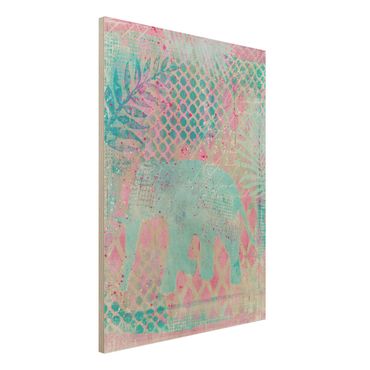 Holzbild - Bunte Collage - Elefant in Blau und Rosa - Hochformat 4:3
