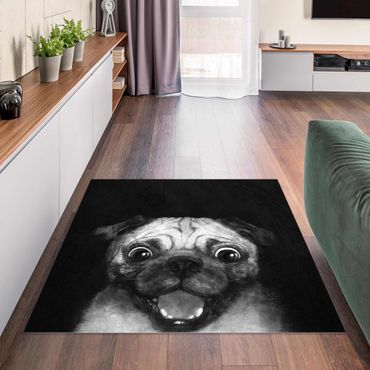 Vinyl-Teppich - Laura Graves - Illustration Hund Mops Malerei auf Schwarz Weiß - Quadrat 1:1