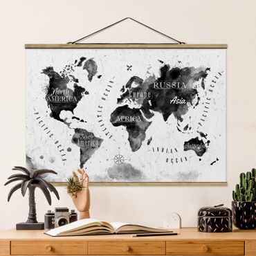 Stoffbild mit Posterleisten - Weltkarte Aquarell schwarz - Querformat 3:2