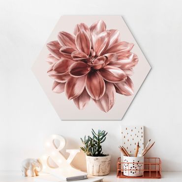 Hexagon-Alu-Dibond Bild - Dahlie Blume Rosegold Metallic
