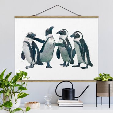 Stoffbild mit Posterleisten - Laura Graves - Illustration Pinguine Schwarz Weiß Aquarell - Querformat 4:3