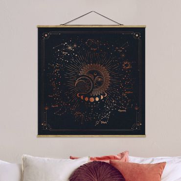 Stoffbild mit Posterleisten - Astrologie Sonne Mond und Sterne Blau Gold - Quadrat 1:1