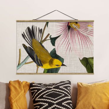 Stoffbild mit Posterleisten - Vogel auf Leinen Gelb I - Querformat 3:2