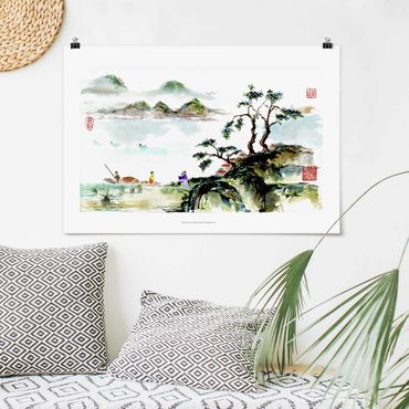 Poster - Japanische Aquarell Zeichnung See und Berge - Querformat 2:3