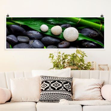 Poster - Grüner Bambus mit Zen Steinen - Panorama Querformat
