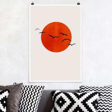 Poster - Vogelschwarm vor roter Sonne I - Hochformat 3:2