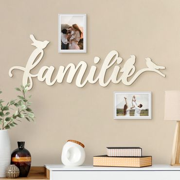 Wanddeko Holz 3D-Schriftzug Familie mit Spatzen