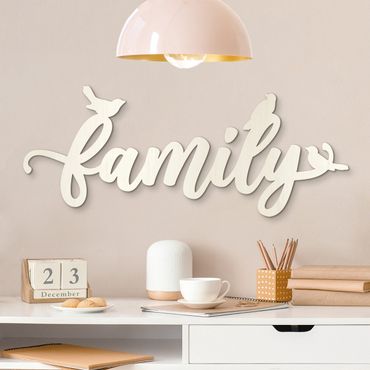 Wanddeko Holz 3D-Schriftzug Family mit Spatzen