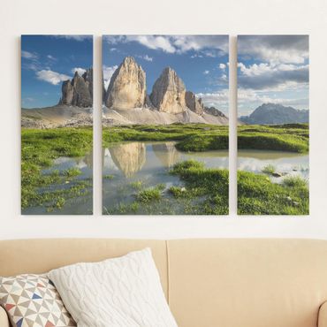 Leinwandbild 3-teilig - Südtiroler Zinnen und Wasserspiegelung - Triptychon